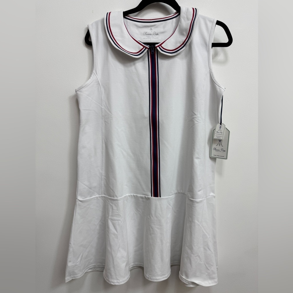 Classic Prep White Sleeveless Dress with Red and Blue Trim, size L, NWT,